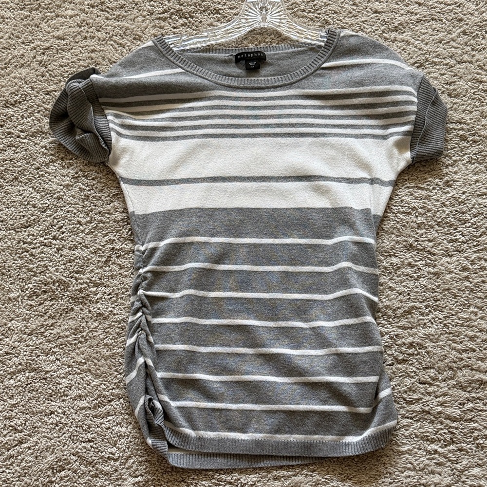 Metaphor Gray and White Striped Short Sleeve Top